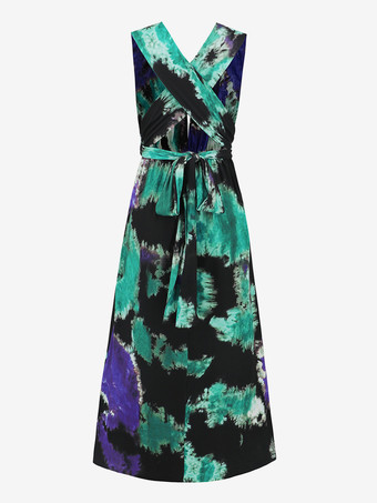 深めのVネックプリントホルターネックマキシドレス 2025