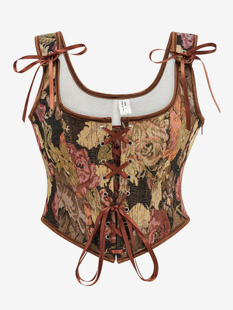 ブラウンヴィンテージ クロージング ヴィンテージ コルセット ヴィンテージ レディース クロージング ブラック レースアップ コルセット 大人用 プリント レディース シック