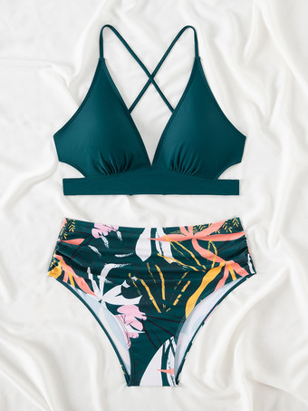 トロピカルプリントのVネックツーピース水着（ビーチ用）2025年モデル