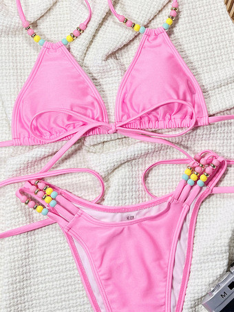 クロスフロントデザインのビーズストラップピンクビキニ2025