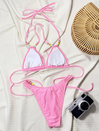 クロスフロントデザインのビーズストラップピンクビキニ2025