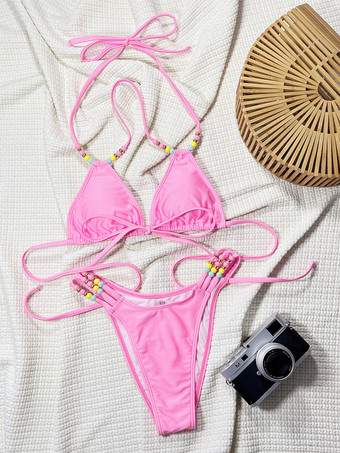 クロスフロントデザインのビーズストラップピンクビキニ2025