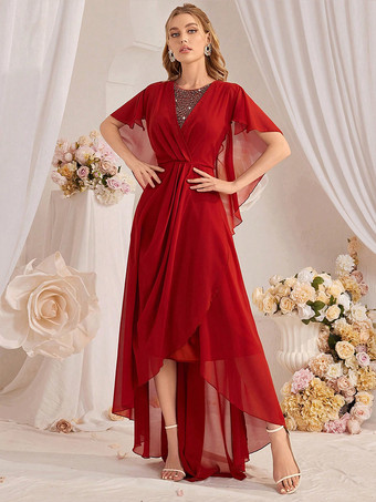 レッドケープスリーブ、アシンメトリーヘム、マキシ丈パーティードレス（レディース）2026