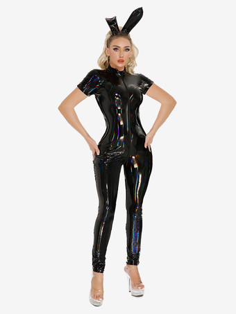 ブラック 全身タイツ ハロウィン パテントレザー バニーガール セクシー ジャンプスーツ