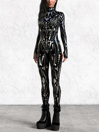 ブラック パターニング全身タイツ ハロウィン 女性用ジャンプスーツ、ボディスーツ、パンク、ヒョンカラー、全身タイツ、キャットスーツ
