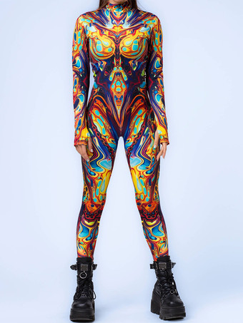 イエローパターニング全身タイツ ハロウィン 女性用ジャンプスーツ、ボディスーツ、パンク、ヒョンカラー、全身タイツ、キャットスーツ