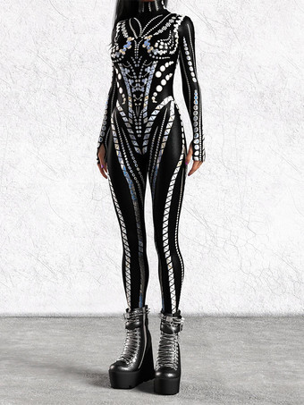 ホワイト パターニング全身タイツ ハロウィン 女性用ジャンプスーツ、ボディスーツ、パンク、ヒョンカラー、全身タイツ、キャットスーツ