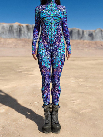ディープブルーパターニング全身タイツ ハロウィン 女性用ジャンプスーツ、ボディスーツ、パンク、ヒョンカラー、全身タイツ、キャットスーツ