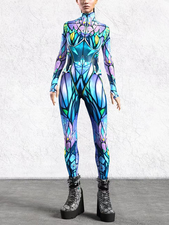 ライトスカイブルーパターニング全身タイツ ハロウィン 女性用ジャンプスーツ、ボディスーツ、パンク、ヒョンカラー、全身タイツ、キャットスーツ