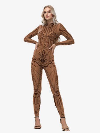 ブラウンレディース全身タイツキャットスーツ（ギリシャ柄プリントボディスーツ付き）
