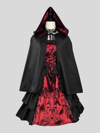 ブラック ブラックレトロコスチュームレディースカラーブロックジャカードフリルレースアップポリエステルマリーアントワネットコスチュームセットドレスマントゴシック