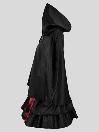 ブラックレトロコスチュームレディースカラーブロックジャカードフリルレースアップポリエステルマリーアントワネットコスチュームセットドレスマントゴシック