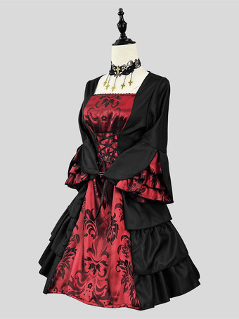 ブラックレトロコスチュームレディースカラーブロックジャカードフリルレースアップポリエステルマリーアントワネットコスチュームセットドレスマントゴシック