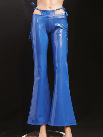 ブルー レディース セクシー シャイニー アンモニア ラテックス フレアレギンスパンツ ストレッチ ローライズ ベルボトム パンツ ブリーフ付き