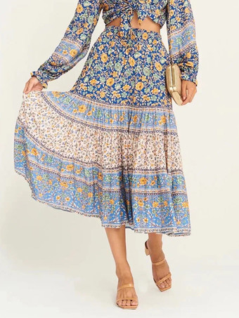ブルー レディース向け花柄レイヤードマキシボヘミアンスカート 2025