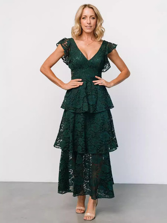 ダークグリーン2026年パーティーに最適な、フリルスリーブVネックレースレイヤードマキシドレス