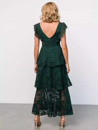 2026年パーティーに最適な、フリルスリーブVネックレースレイヤードマキシドレス