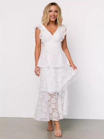 ホワイト 2026年パーティーに最適な、フリルスリーブVネックレースレイヤードマキシドレス