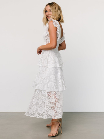 2026年パーティーに最適な、フリルスリーブVネックレースレイヤードマキシドレス