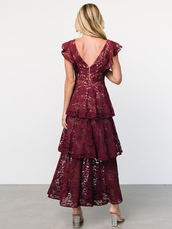 2026年パーティーに最適な、フリルスリーブVネックレースレイヤードマキシドレス