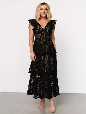 ブラック 2026年パーティーに最適な、フリルスリーブVネックレースレイヤードマキシドレス