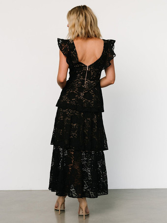 2026年パーティーに最適な、フリルスリーブVネックレースレイヤードマキシドレス