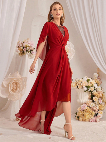 レッドケープスリーブ、アシンメトリーヘム、マキシ丈パーティードレス（レディース）2026