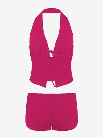 ローズレッド深めのVネックキャミソールとショートパンツの2ピースコーデセット（2025年夏）