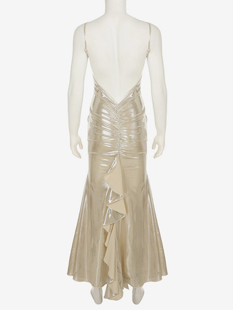 深めのVネックが映える、光沢のあるマーメイドプリーツマキシパーティードレス 2025