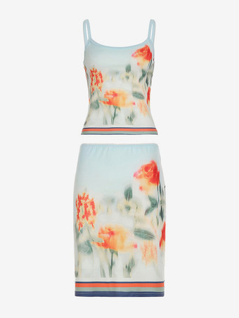 花柄ツーピースコーデセット クロップドキャミソールとカラフルなトリムアクセントのミディスカート 2025