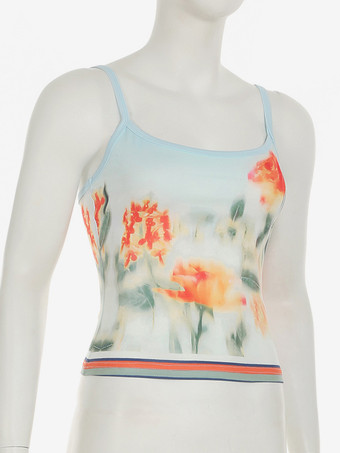 花柄ツーピースコーデセット クロップドキャミソールとカラフルなトリムアクセントのミディスカート 2025