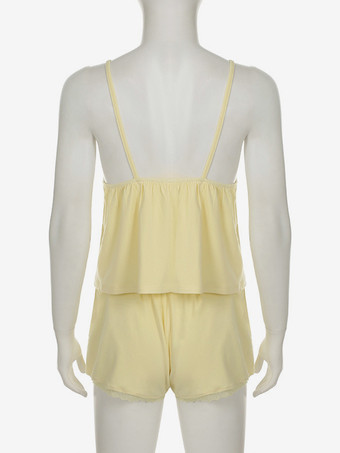 ソフトイエローのラウンジウェアセット 深めのVネックキャミソールとレーストリムショーツ 2025