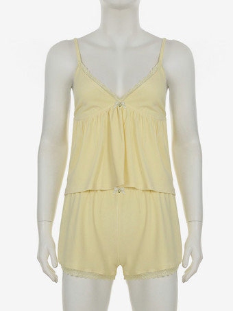 ソフトイエローのラウンジウェアセット 深めのVネックキャミソールとレーストリムショーツ 2025