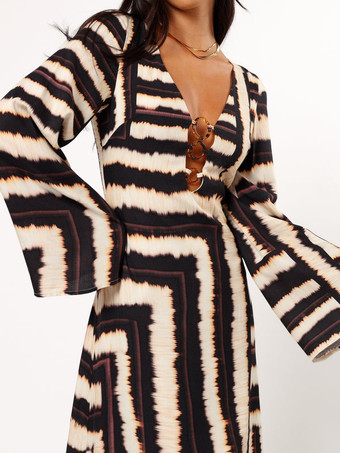 深めのVネック、長袖プリントマキシドレス 2025