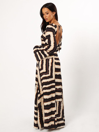 深めのVネック、長袖プリントマキシドレス 2025