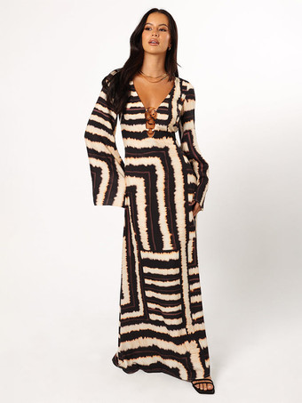 深めのVネック、長袖プリントマキシドレス 2025