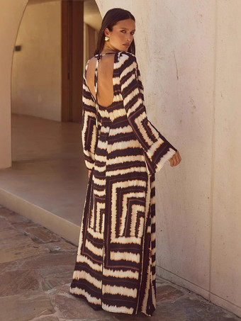 深めのVネック、長袖プリントマキシドレス 2025