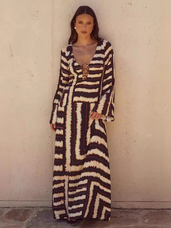 ブラウン 深めのVネック、長袖プリントマキシドレス 2025