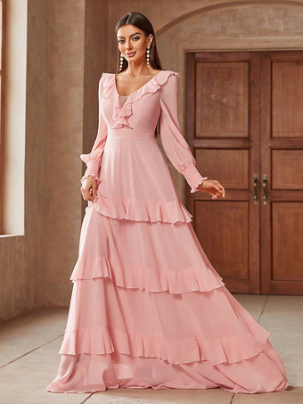 ソフトピンクのVネック長袖レイヤードマキシパーティードレス2026