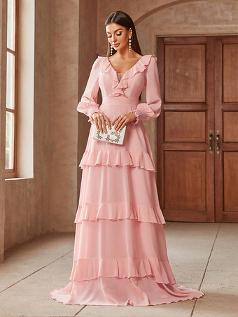 ソフトピンクのVネック長袖レイヤードマキシパーティードレス2026