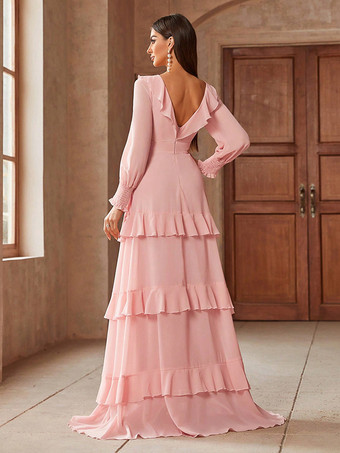 ソフトピンクのVネック長袖レイヤードマキシパーティードレス2026