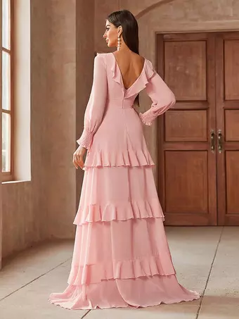 Robe de soirée longue rose pâle à col en V et manches longues