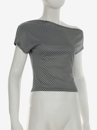 ストライプ柄オフショルダーアシンメトリークロップトップ 2025