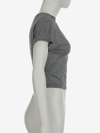 ストライプ柄オフショルダーアシンメトリークロップトップ 2025