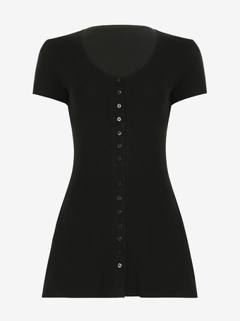 ブラック 半袖Vネックニットミニドレス（ボタンダウンフロント）2025