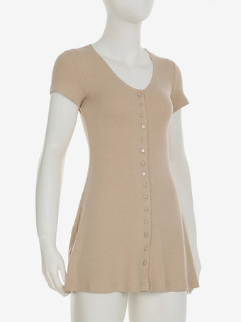 半袖Vネックニットミニドレス（ボタンダウンフロント）2025