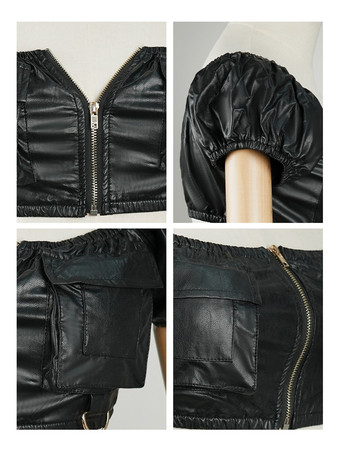 クラブ2025向けフェイクレザーパフィースリーブクロップトップ