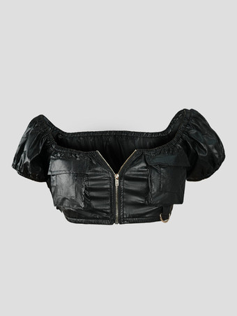 クラブ2025向けフェイクレザーパフィースリーブクロップトップ