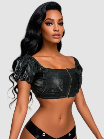 クラブ2025向けフェイクレザーパフィースリーブクロップトップ