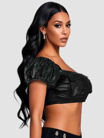 クラブ2025向けフェイクレザーパフィースリーブクロップトップ